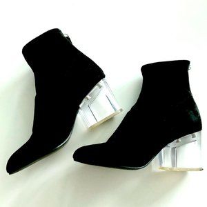 Steve Madden Lusty Clear Heel Black Suede Sock Booties, Size US 7.5, with box